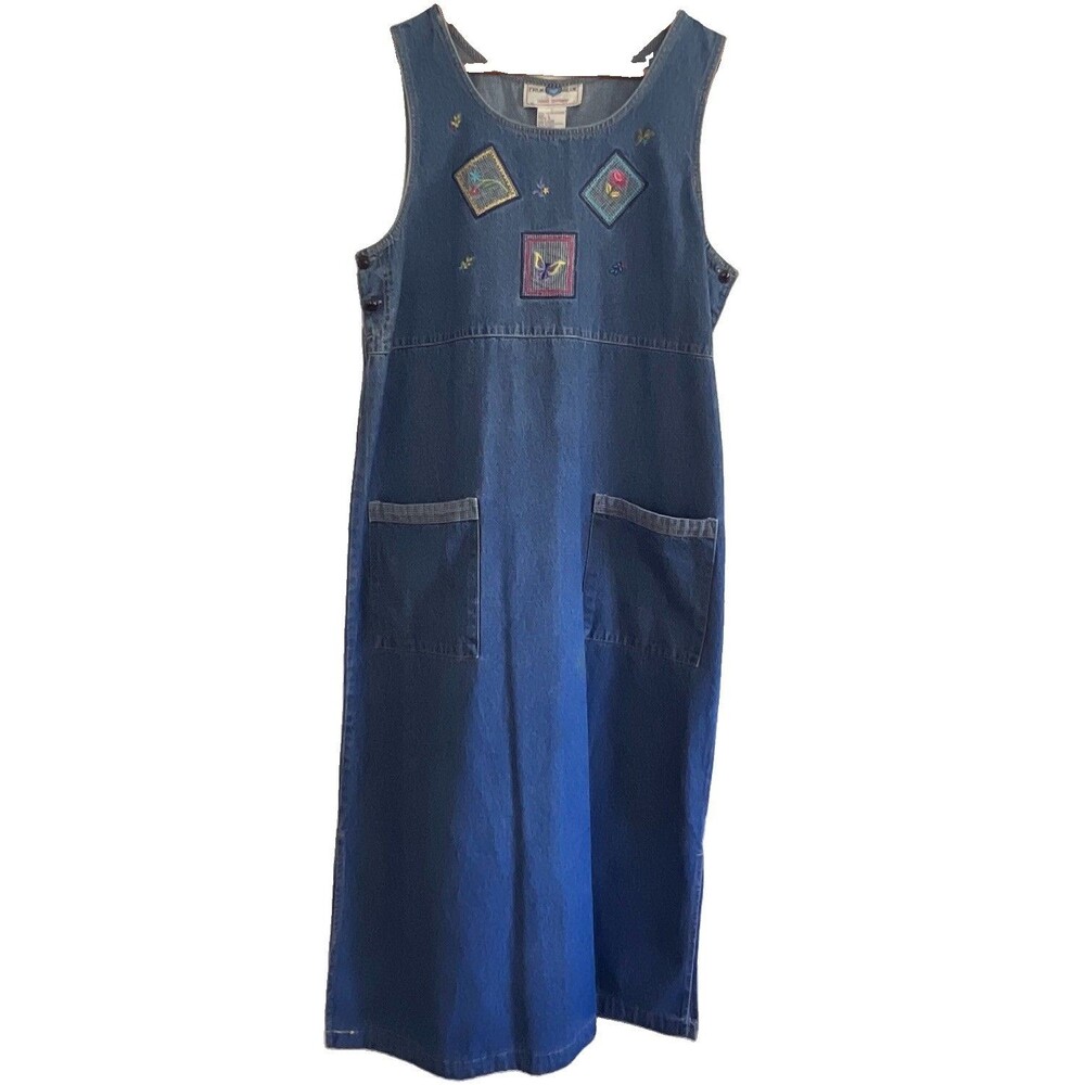 VTG True Blue Casual Denim Maxi Jumper Dress Size L Embroidered Sleeveless